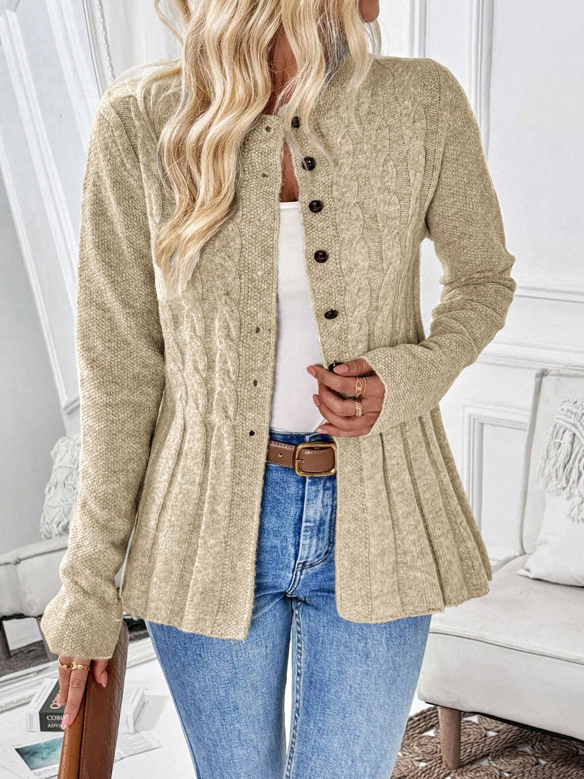 Women's Simple Solid Color Long-Sleeved Cardigan Knitted Sweater