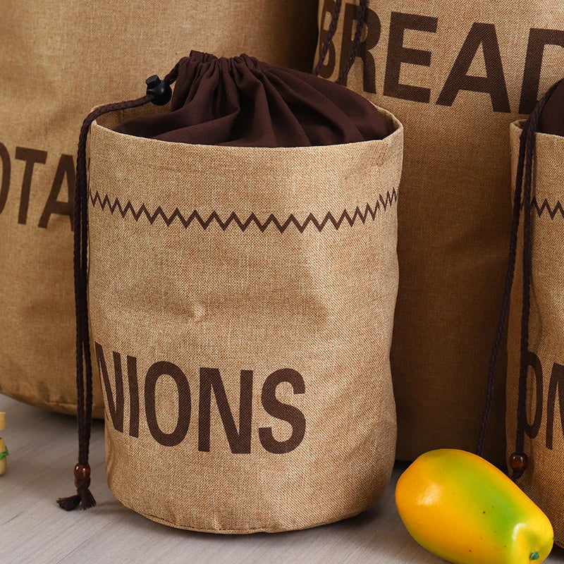 Sac de rangement en toile de jute pour cuisine : ail, oignons, pommes de terre, légumes, pain, sac à cordon, organisateur en tissu de jute pour pommes de terre