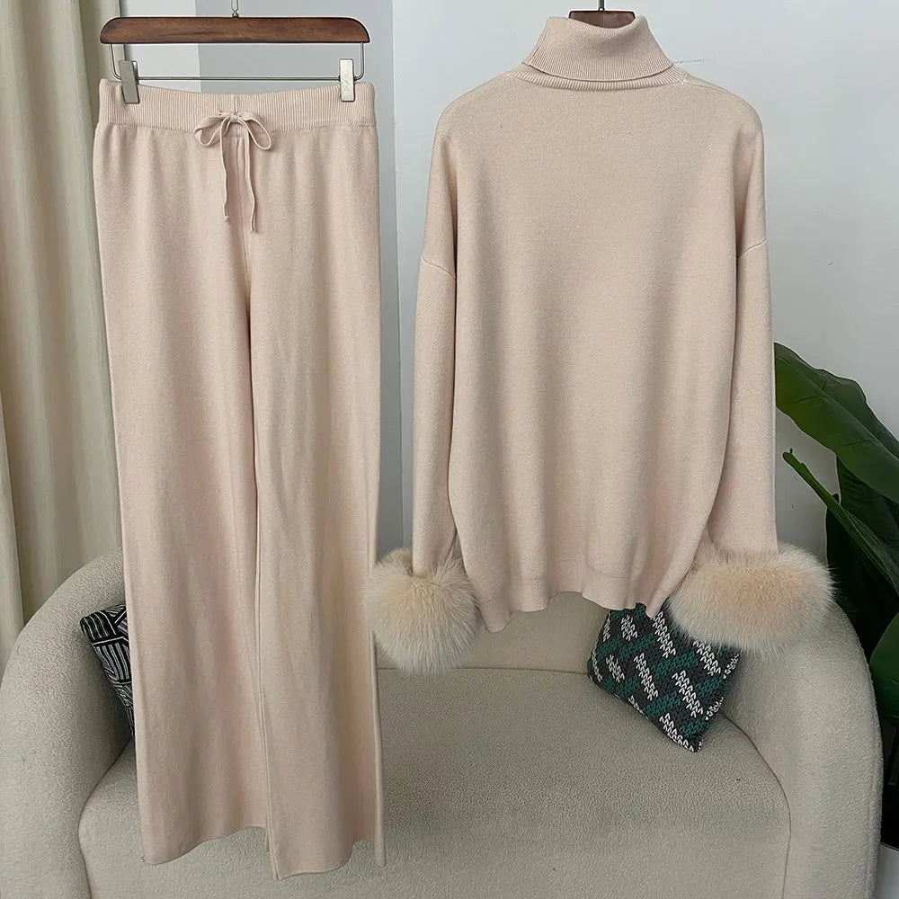 Women's Fox Fur Cuffs Knit Jacket & Pants Set