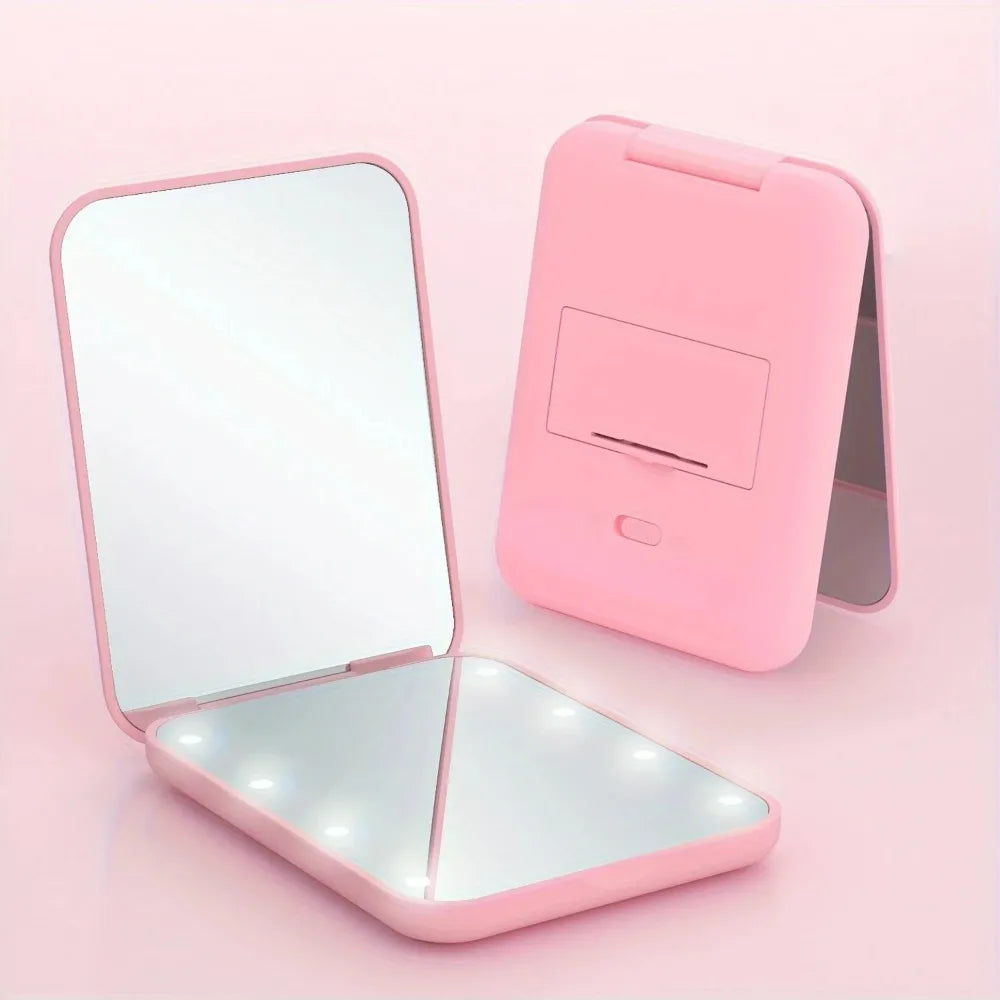 Mini Handheld Makeup Mirror 1X/3X Magnifiying Compact Folding Travel Portable With Light Makeup Pocket Mirror 8 Leds for Gifts