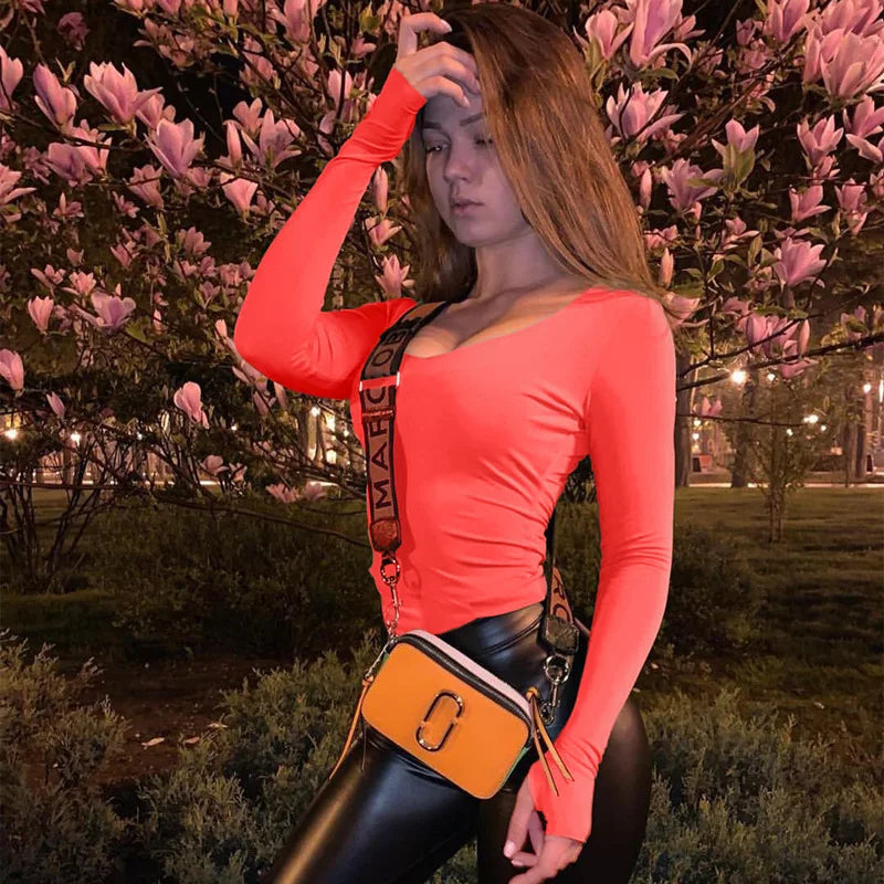 Women's Orange Neon Long-Sleeve Bodysuit