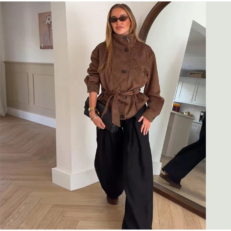 Women's Faux Suede Belted Winter Jacket