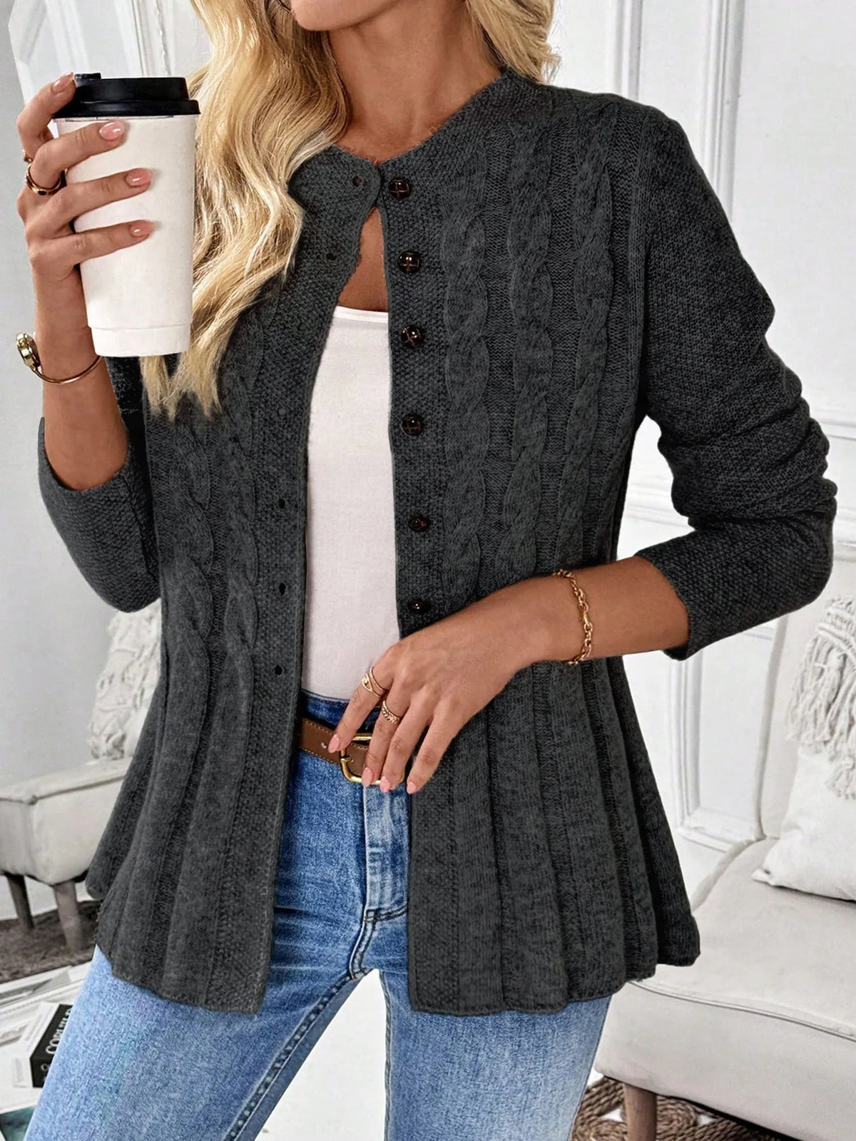 Women's Simple Solid Color Long-Sleeved Cardigan Knitted Sweater