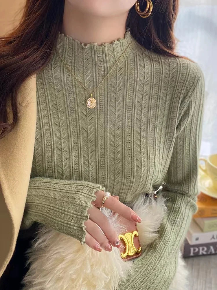 Women's Ruffled Semi-Turtleneck Knitted Sweater