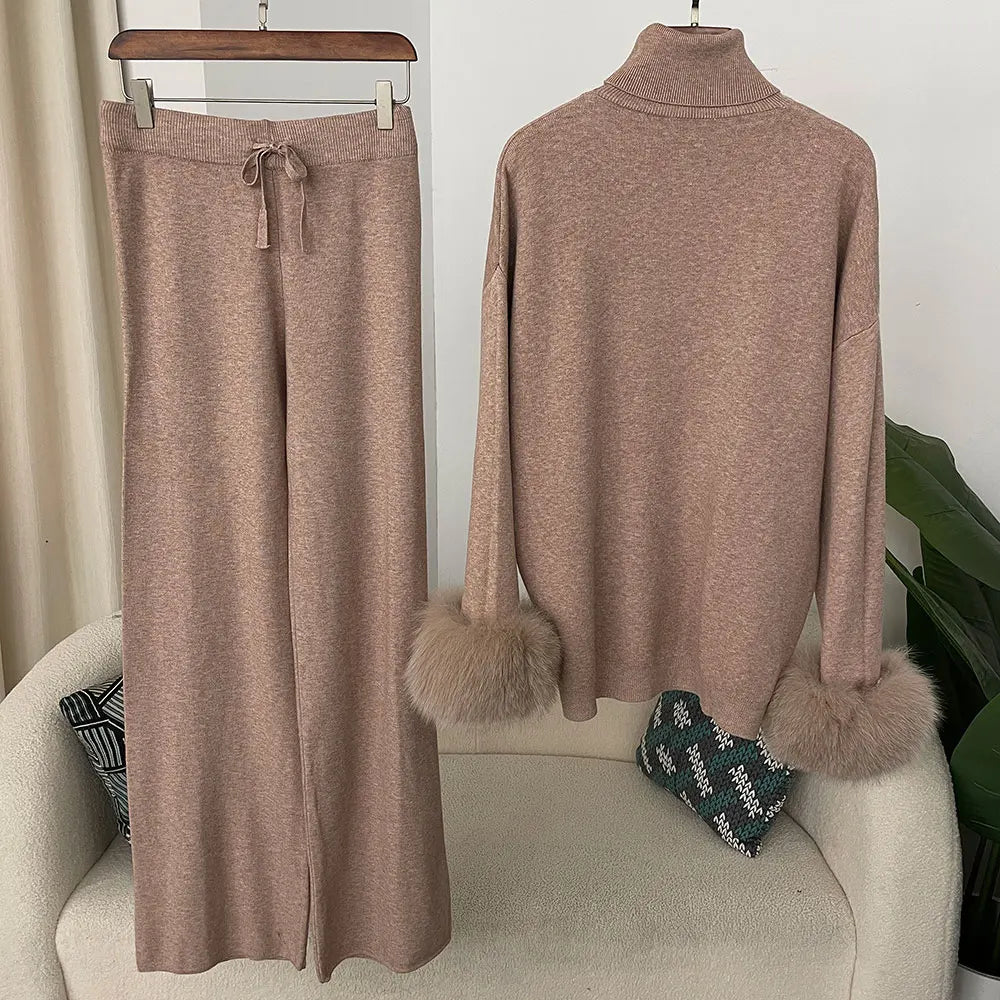 Women's Fox Fur Cuffs Knit Jacket & Pants Set