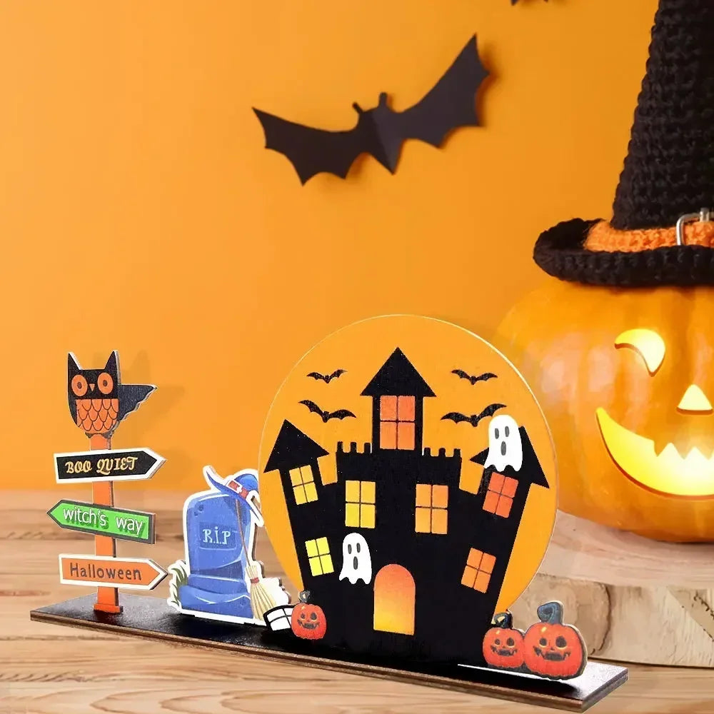 Halloween Desktop Decoration Wooden Castle Ornament Pumpkin Ghost Plaque Decor Trick or Treat Happy Halloween Party Decor