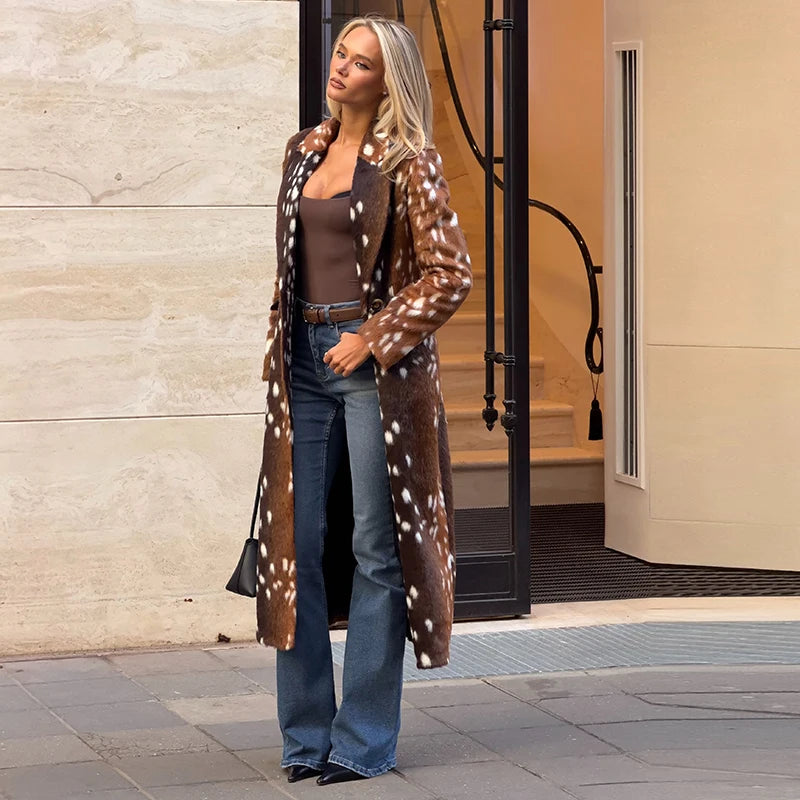 Vintage Deer Print Faux Fur Coat for Women