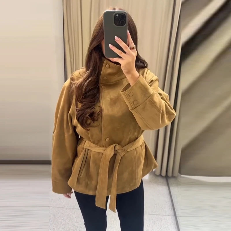Women's Faux Suede Belted Winter Jacket