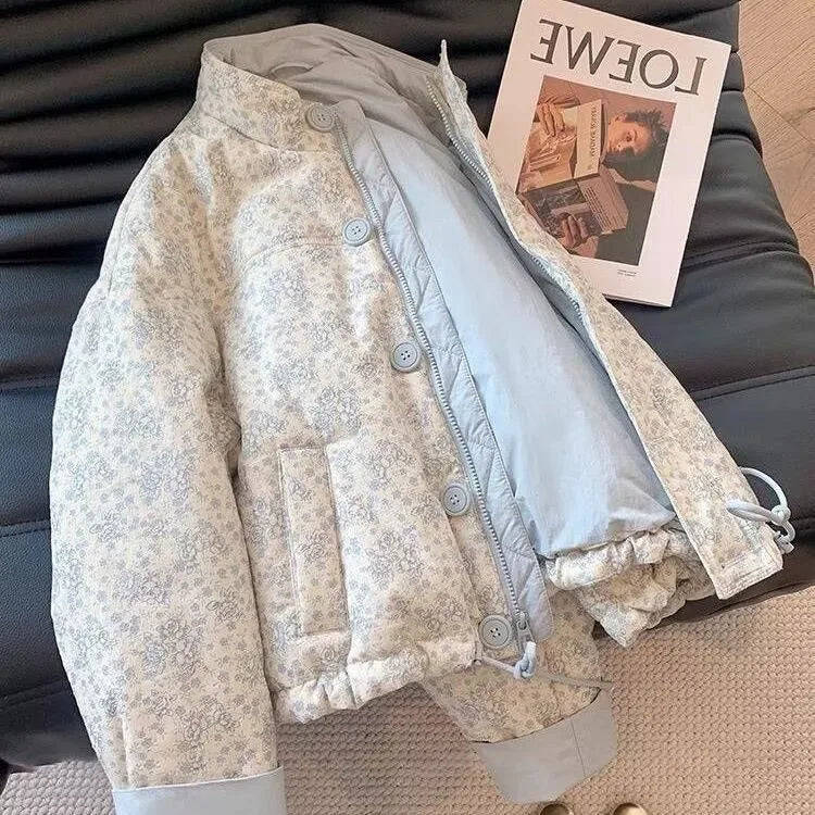 Blue Printed Stand Up Collar Cotton Jacket for Women's Winter Casual