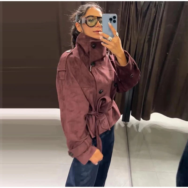 Women's Faux Suede Belted Winter Jacket
