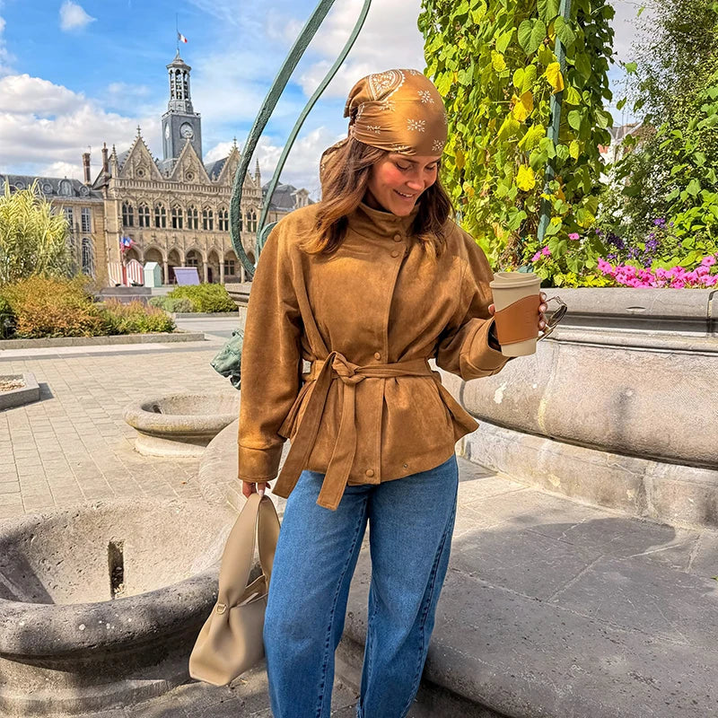 Women's Faux Suede Belted Winter Jacket