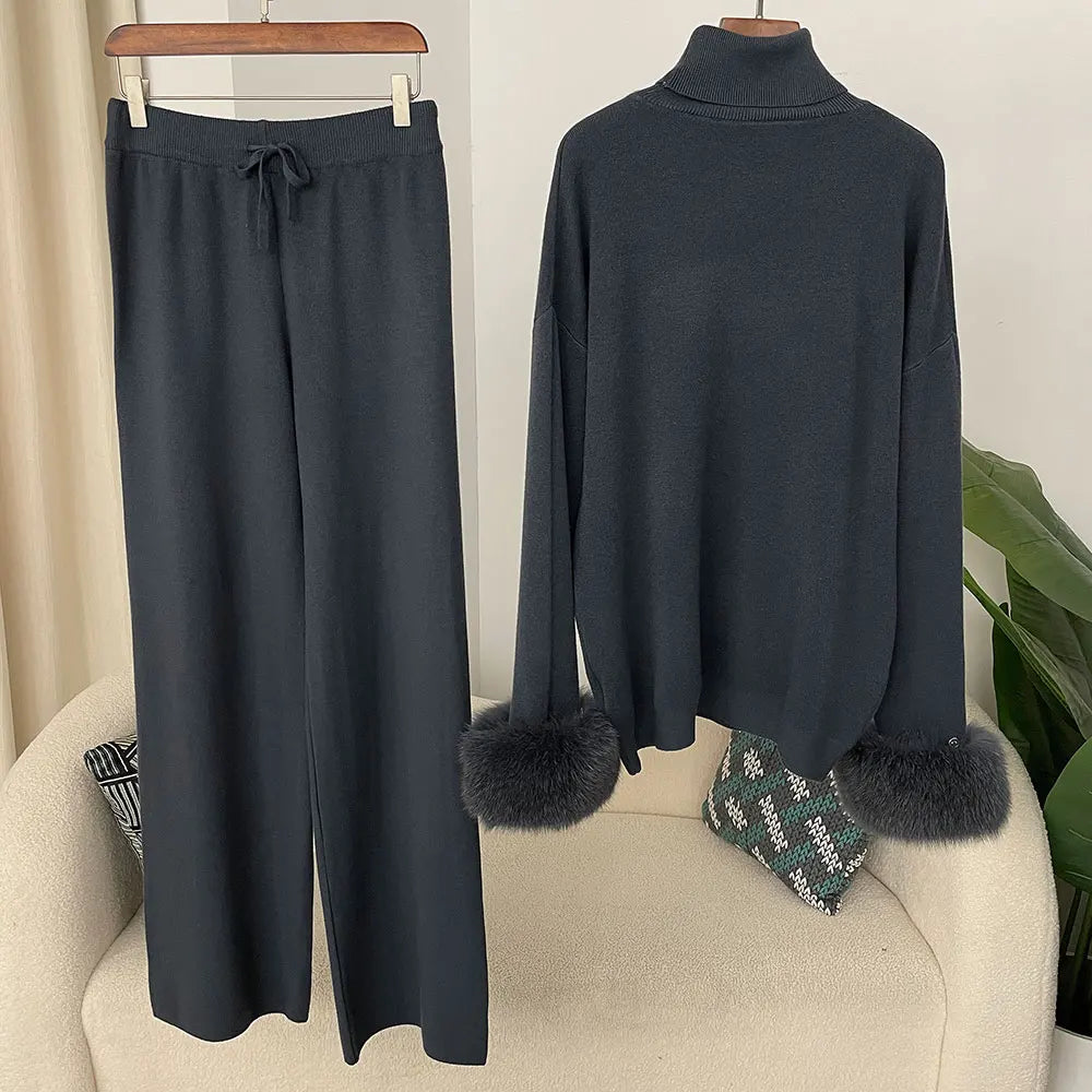Women's Fox Fur Cuffs Knit Jacket & Pants Set