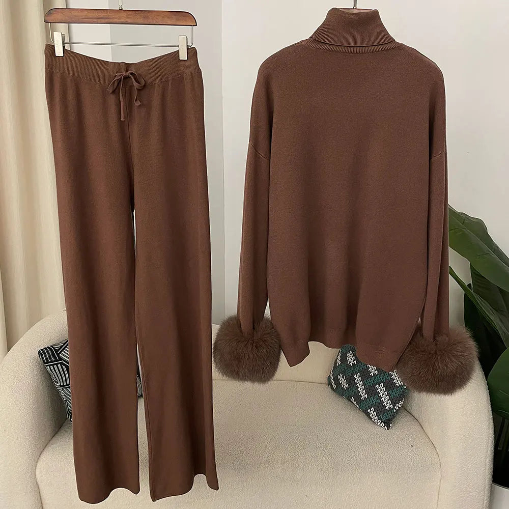 Women's Fox Fur Cuffs Knit Jacket & Pants Set