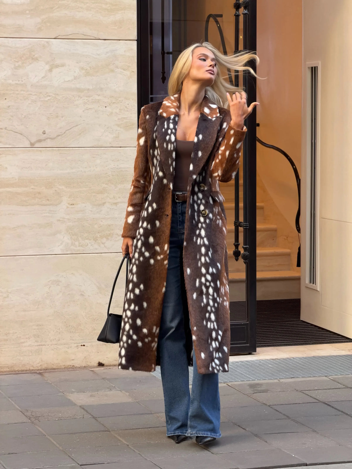 Vintage Deer Print Faux Fur Coat for Women