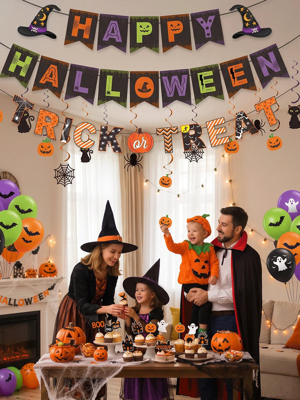 Halloween Party Decorations Set Happy Halloween Banner Trick or Treat Garland Spider Web Hanging Swirls Cupcake Toppers Balloons