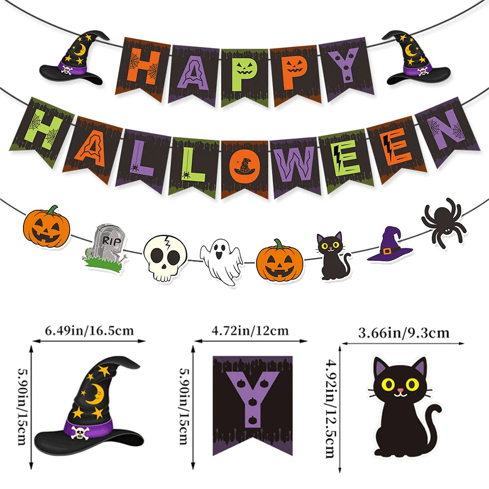 Halloween Party Decorations Set Happy Halloween Banner Trick or Treat Garland Spider Web Hanging Swirls Cupcake Toppers Balloons