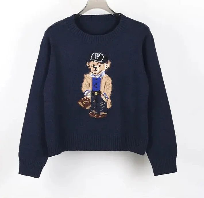Crochet Bear Knit Sweater Pullover Women Jacquard Knitwear Autumn