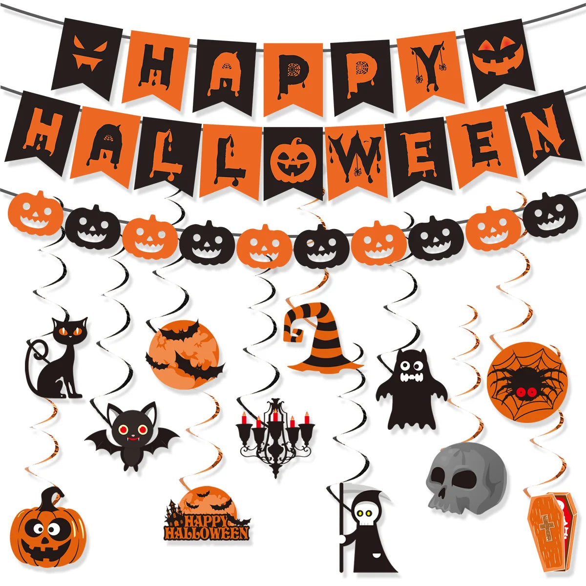 Halloween Party Decorations Set Happy Halloween Banner Trick or Treat Garland Spider Web Hanging Swirls Cupcake Toppers Balloons