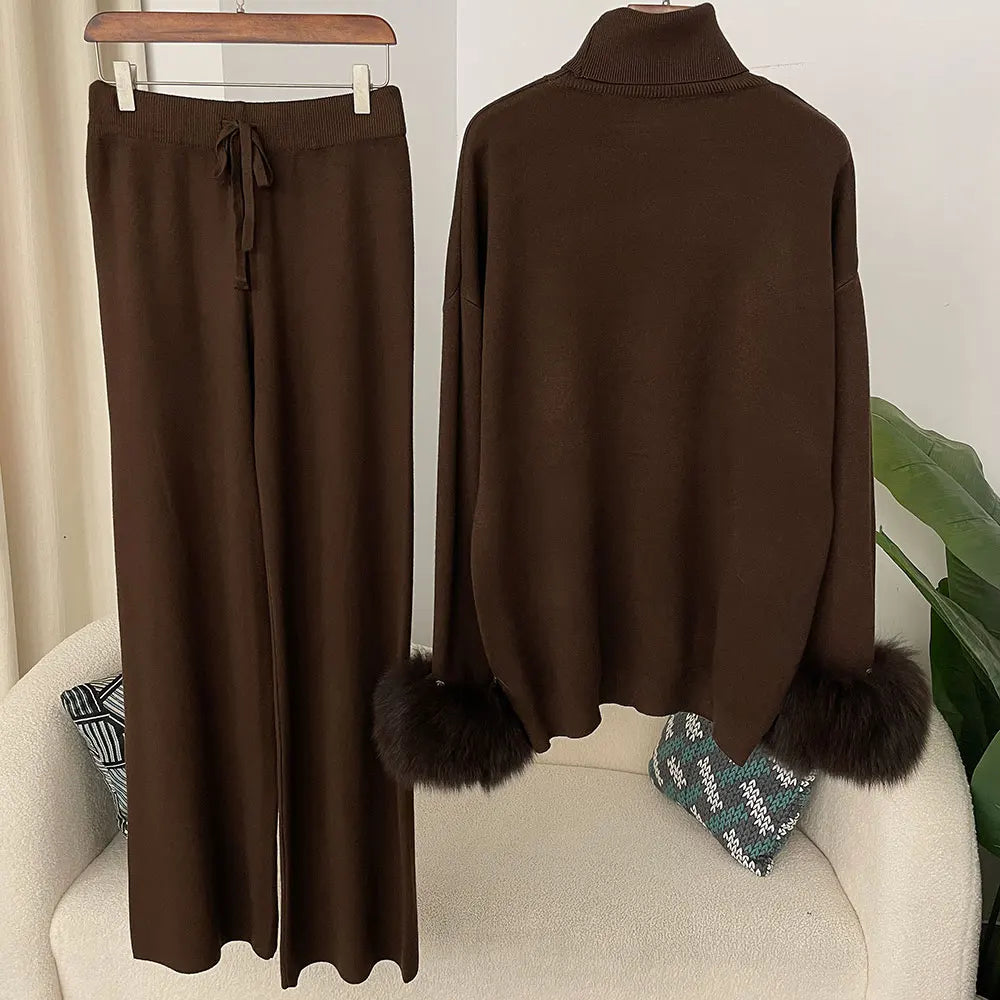 Women's Fox Fur Cuffs Knit Jacket & Pants Set