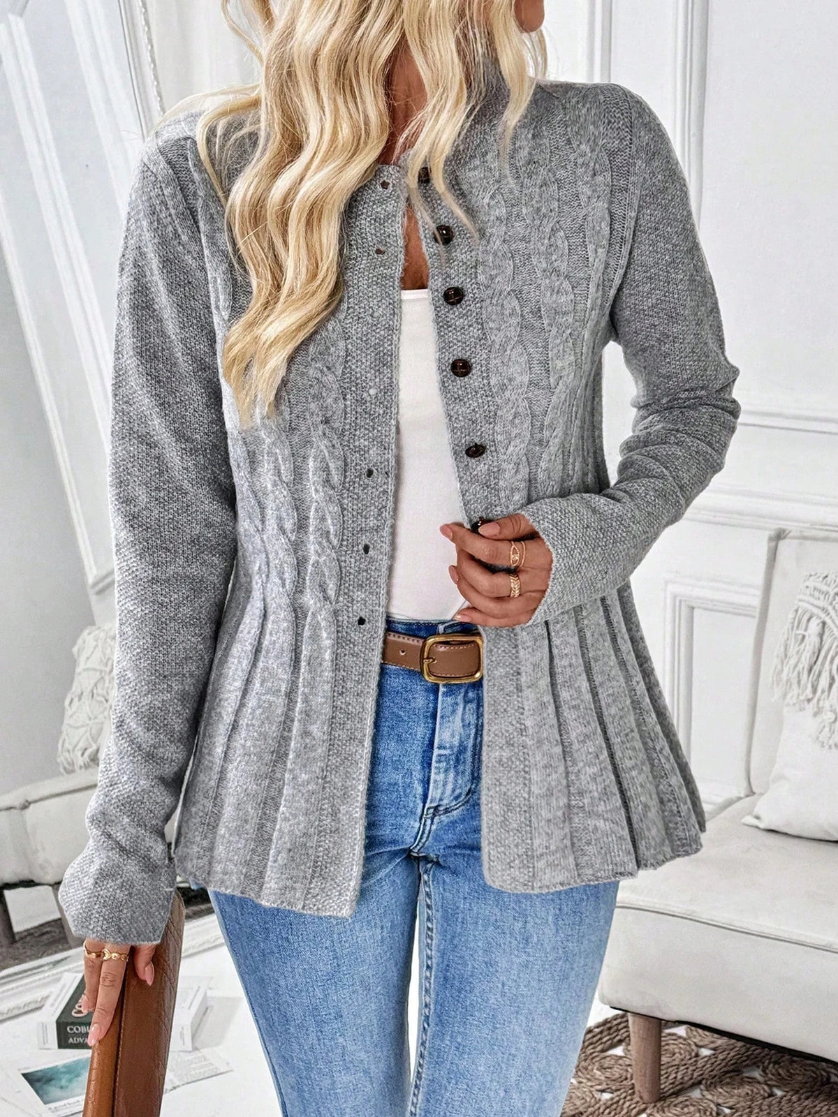 Women's Simple Solid Color Long-Sleeved Cardigan Knitted Sweater