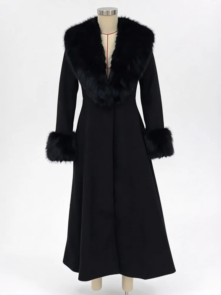 Women's Faux Fur Collar Wool Blend Maxi Dress Coat