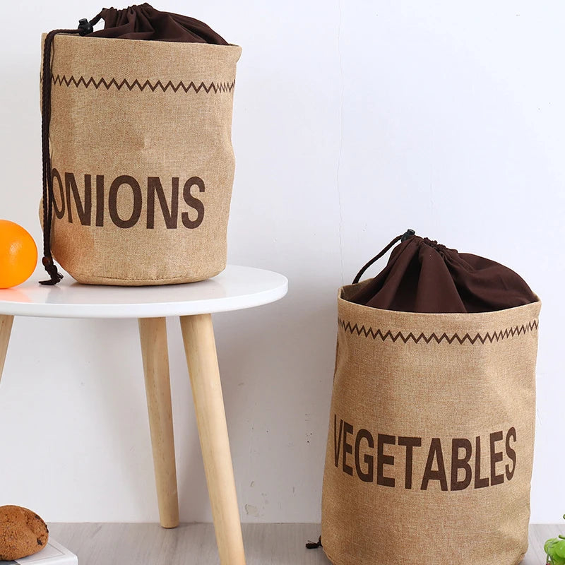 Sac de rangement en toile de jute pour cuisine : ail, oignons, pommes de terre, légumes, pain, sac à cordon, organisateur en tissu de jute pour pommes de terre