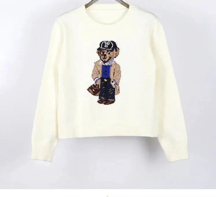 Crochet Bear Knit Sweater Pullover Women Jacquard Knitwear Autumn