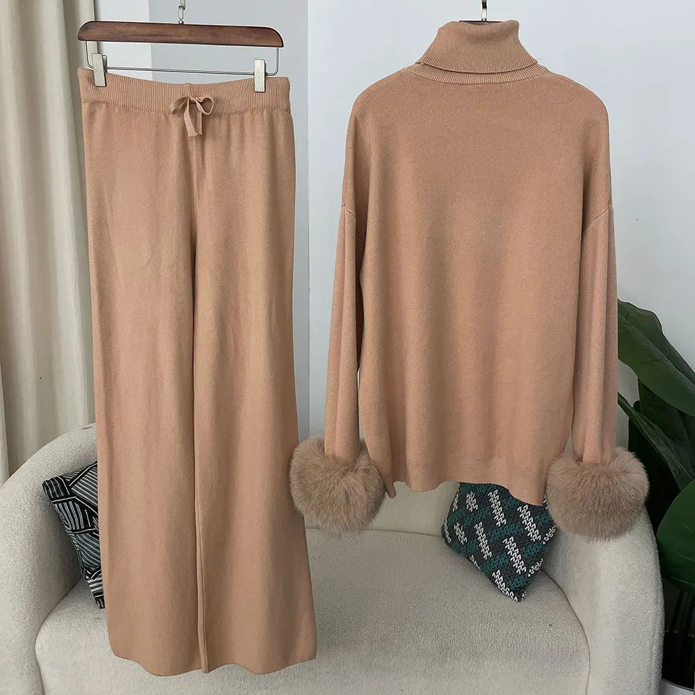 Women's Fox Fur Cuffs Knit Jacket & Pants Set