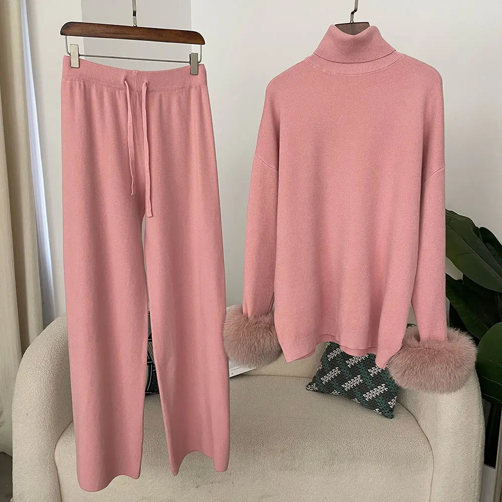 Women's Fox Fur Cuffs Knit Jacket & Pants Set
