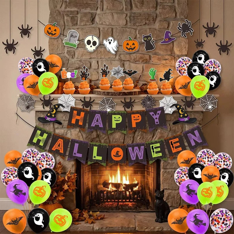 Halloween Party Decorations Set Happy Halloween Banner Trick or Treat Garland Spider Web Hanging Swirls Cupcake Toppers Balloons