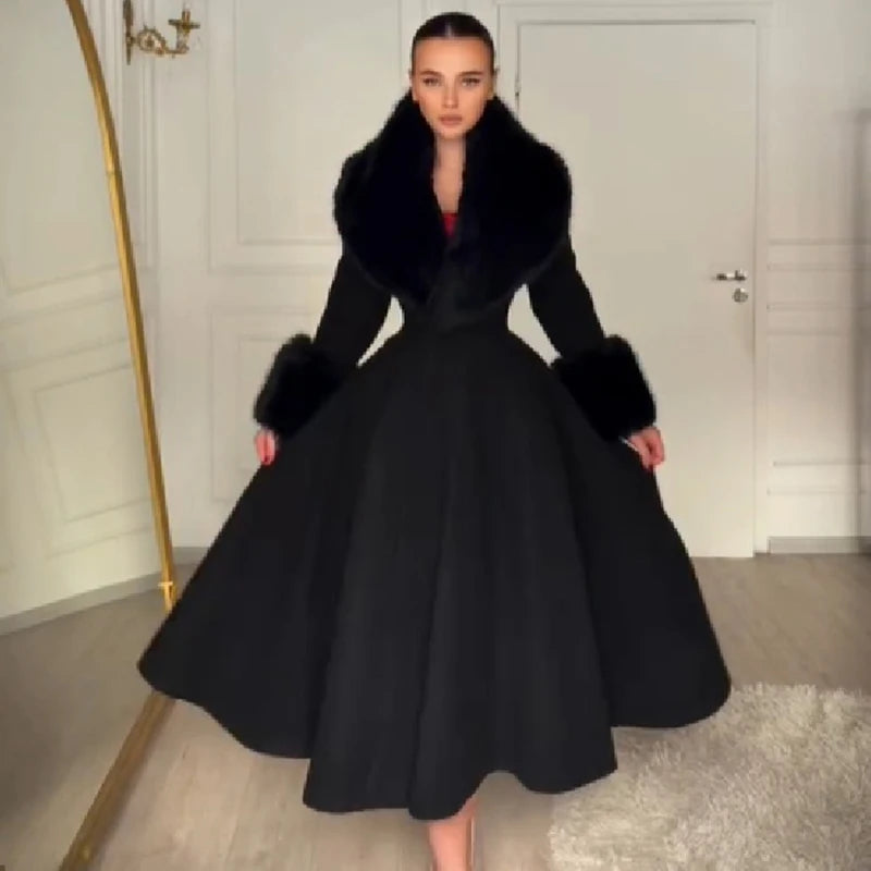 Women's Faux Fur Collar Wool Blend Maxi Dress Coat