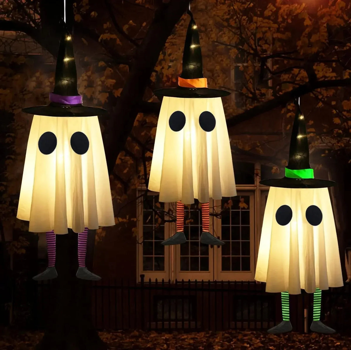 Halloween Hanging Ghost Decorations, Outdoor Halloween Witches Hat Lights, Glowing Ghosts for Garden Trees, Yard Halloween Decor