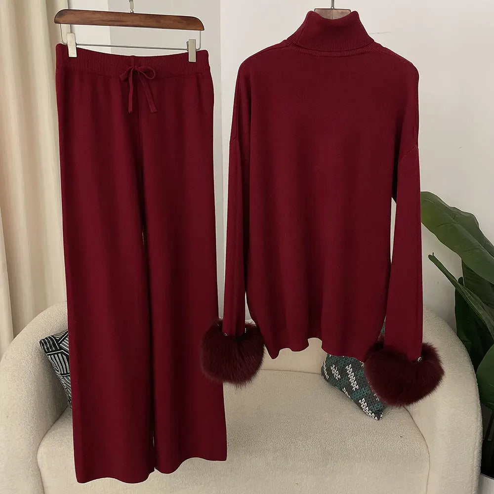 Women's Fox Fur Cuffs Knit Jacket & Pants Set