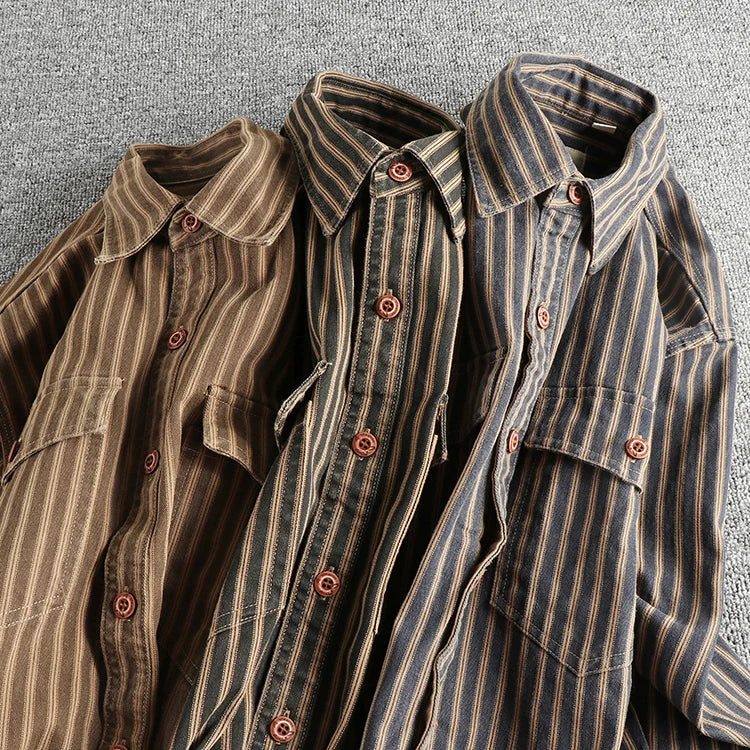Men's Retro Stripe Long-Sleeve Casual Shirt