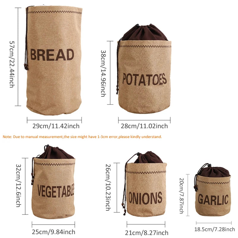 Sac de rangement en toile de jute pour cuisine : ail, oignons, pommes de terre, légumes, pain, sac à cordon, organisateur en tissu de jute pour pommes de terre