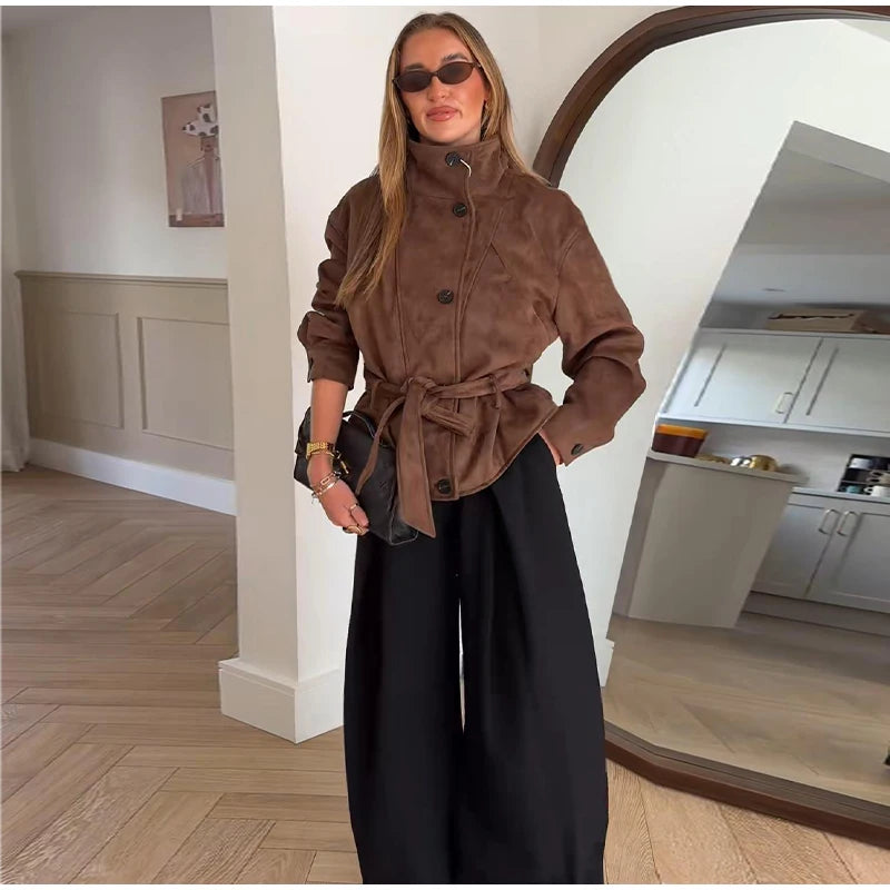 Women's Faux Suede Belted Winter Jacket