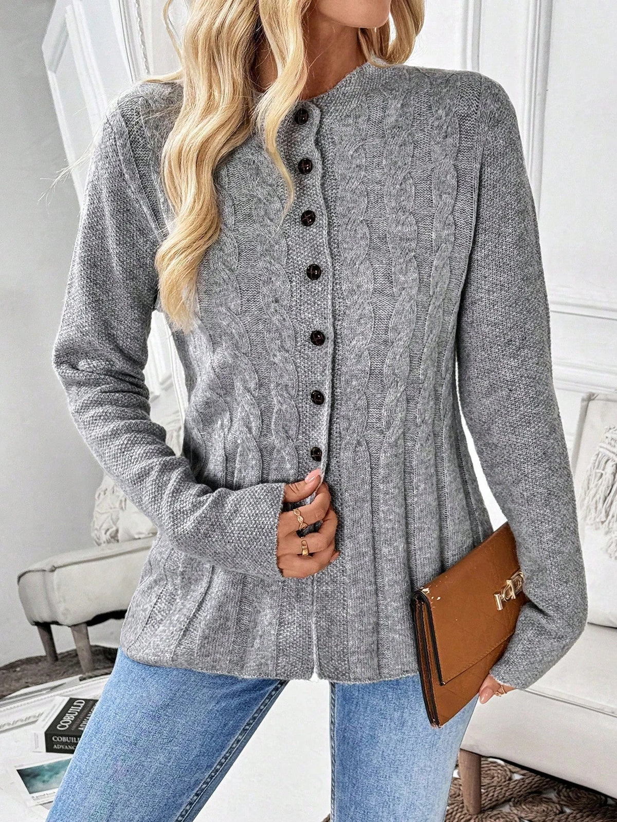 Women's Simple Solid Color Long-Sleeved Cardigan Knitted Sweater