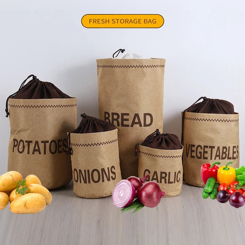 Sac de rangement en toile de jute pour cuisine : ail, oignons, pommes de terre, légumes, pain, sac à cordon, organisateur en tissu de jute pour pommes de terre