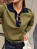 Women's Korean Style Color Block Polo Knit Top
