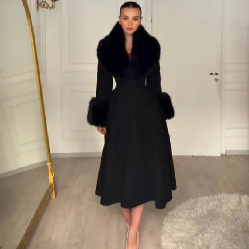 Women's Faux Fur Collar Wool Blend Maxi Dress Coat