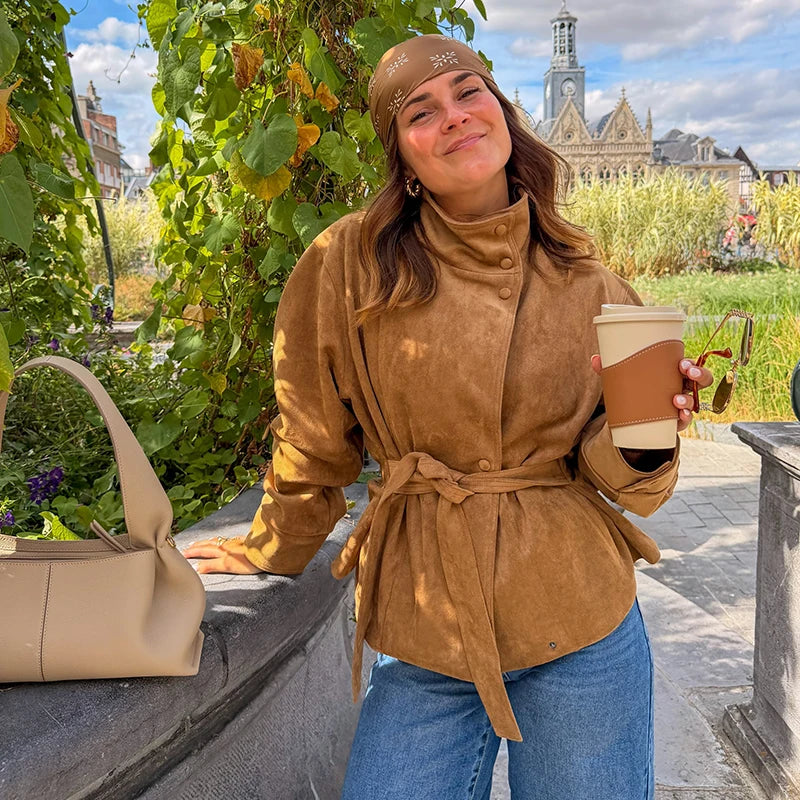 Women's Faux Suede Belted Winter Jacket