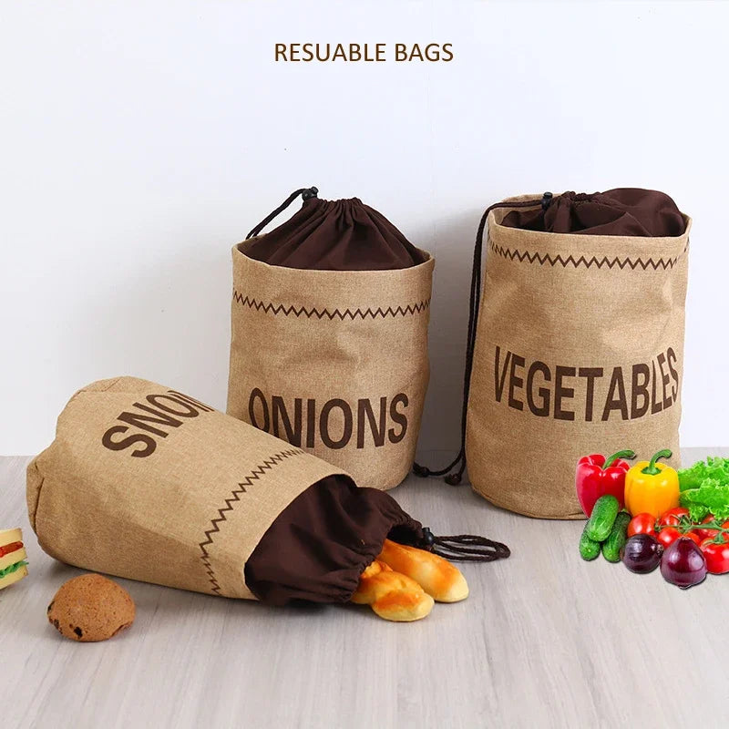 Sac de rangement en toile de jute pour cuisine : ail, oignons, pommes de terre, légumes, pain, sac à cordon, organisateur en tissu de jute pour pommes de terre