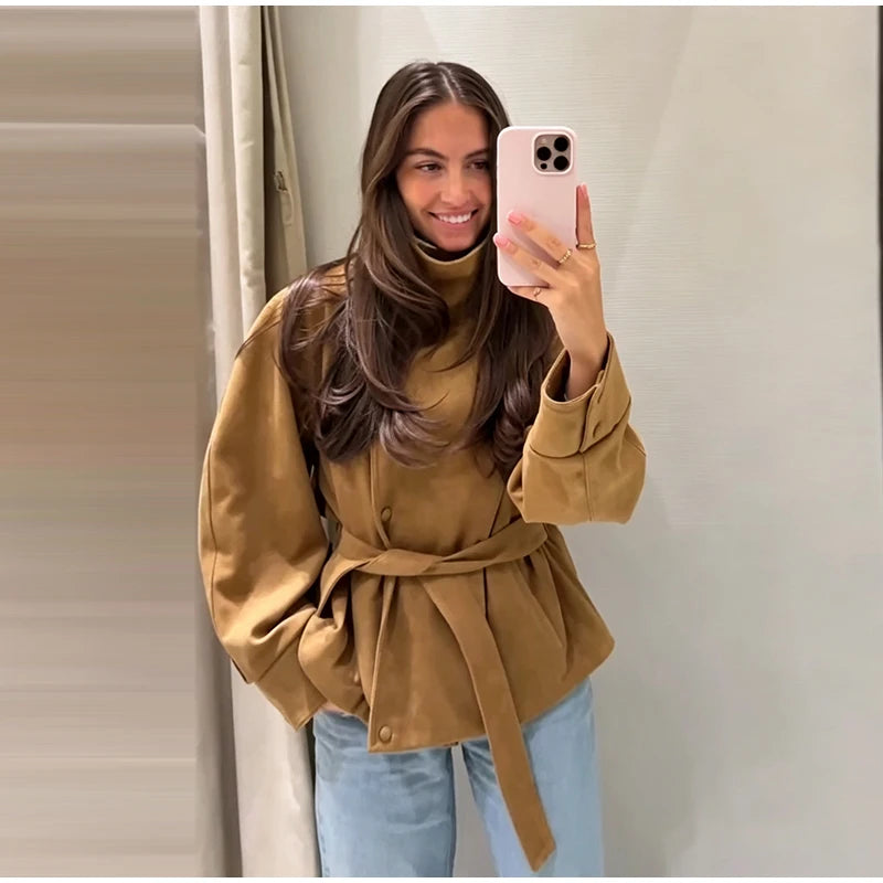 Women's Faux Suede Belted Winter Jacket