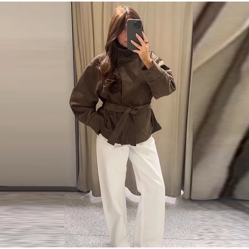 Women's Faux Suede Belted Winter Jacket