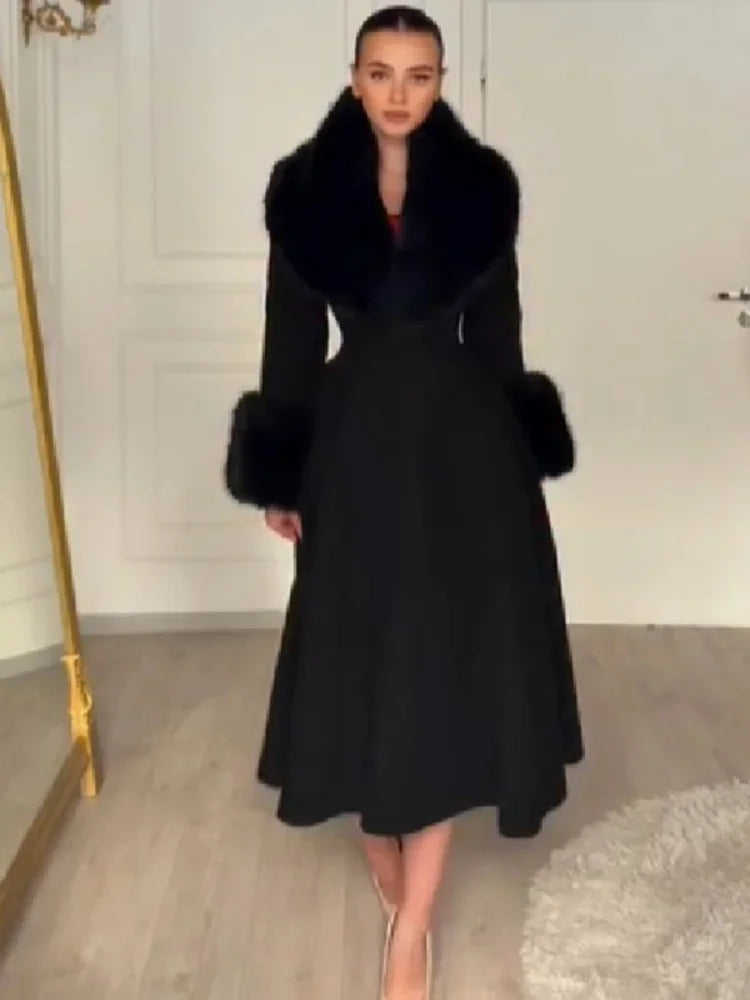 Women's Faux Fur Collar Wool Blend Maxi Dress Coat
