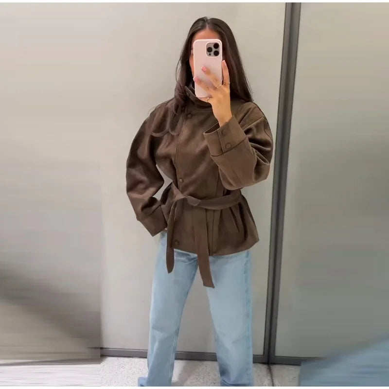 Women's Faux Suede Belted Winter Jacket