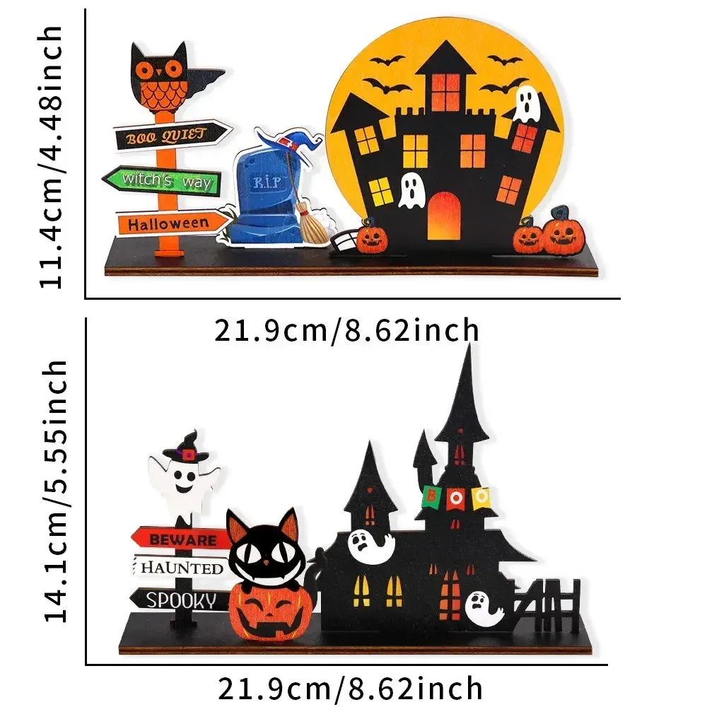 Halloween Desktop Decoration Wooden Castle Ornament Pumpkin Ghost Plaque Decor Trick or Treat Happy Halloween Party Decor