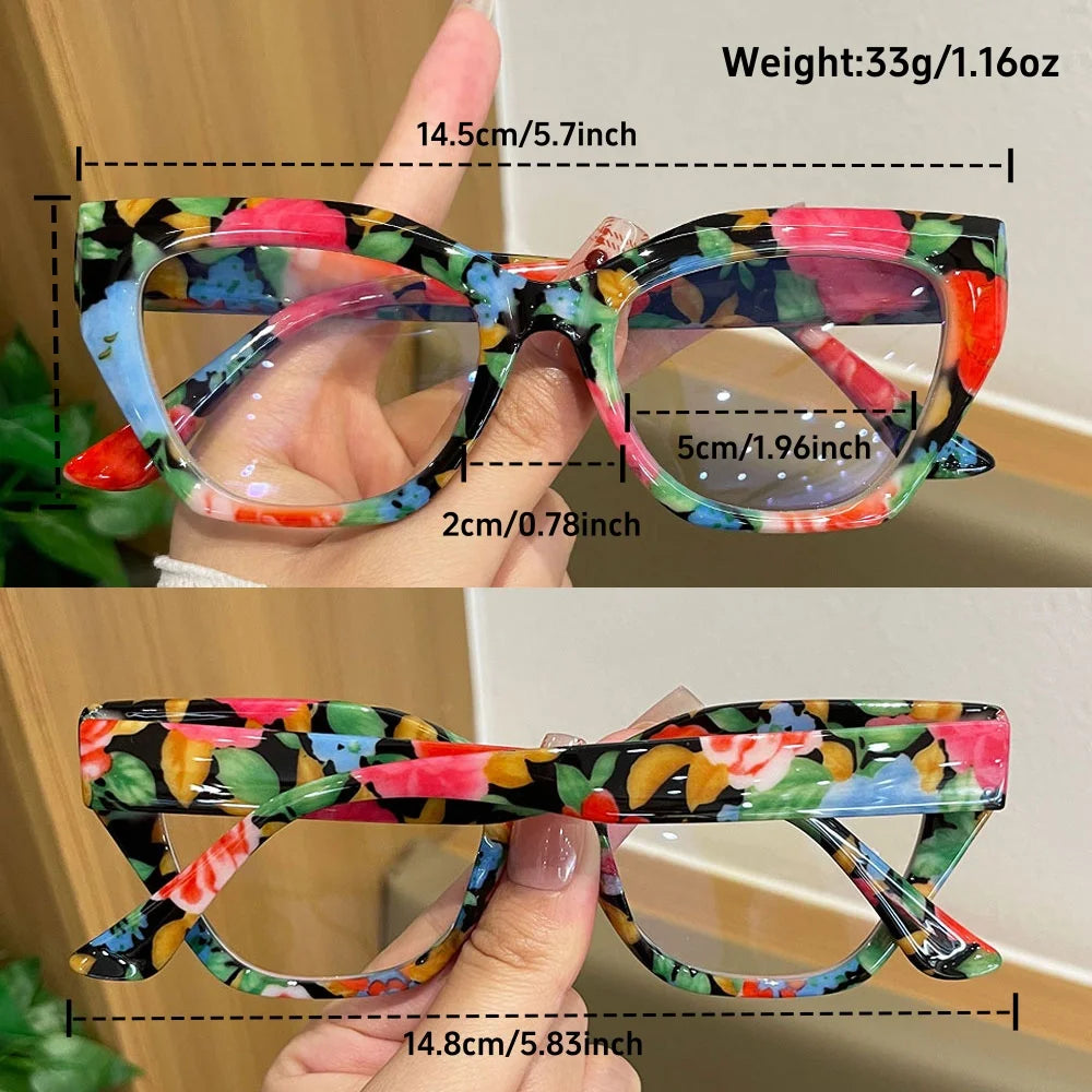 Retro Floral Cat-Eye Reading Glasses for Women, Fashionable Printed Large-Frame Anti-Blue Light Reading Glasses, Personalized Colorful Pattern High-Definition Reading Glasses