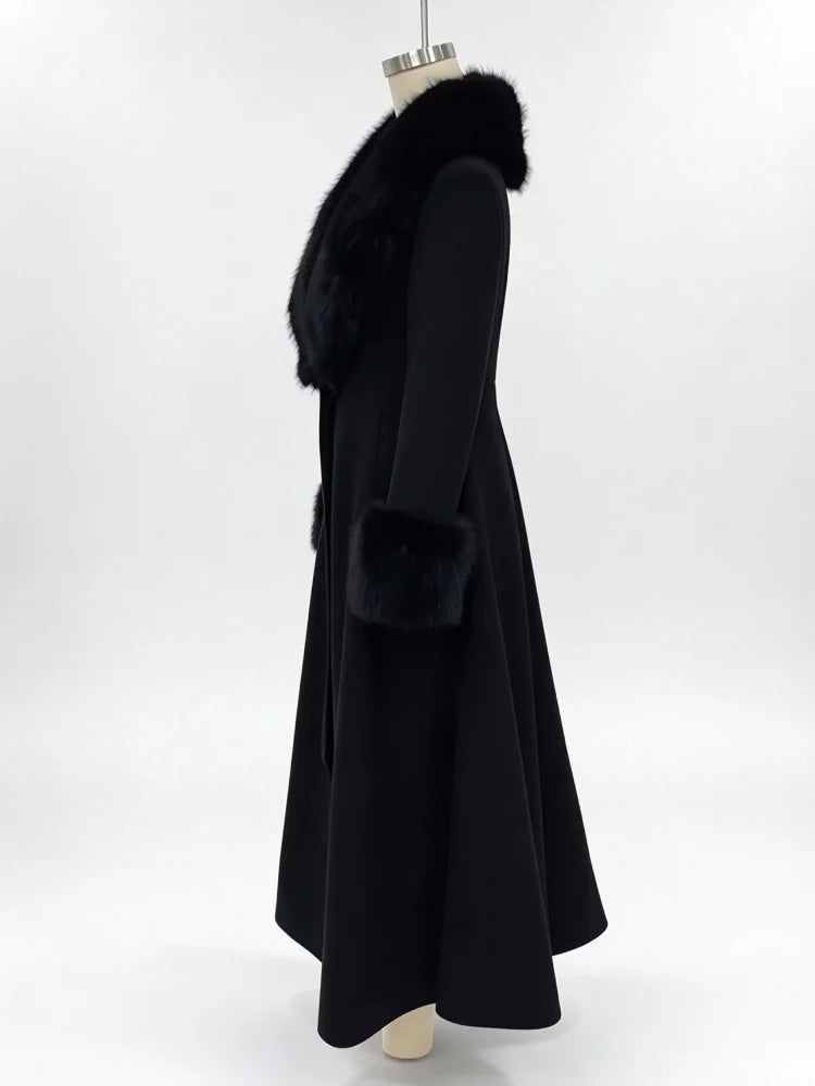 Women's Faux Fur Collar Wool Blend Maxi Dress Coat