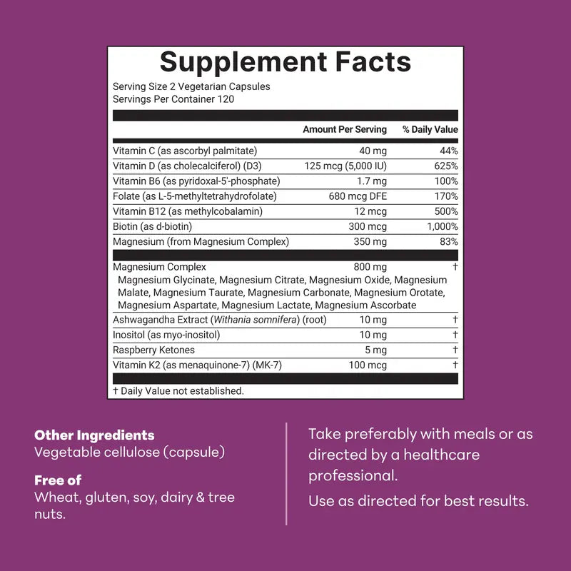 Elevate Your Wellness with Magnesium Complex for Women - 240 Vegetarian Capsules | Powerful 20-in-1 Blend with Vitamin D3, K2, Ashwagandha & More | Filler-Free & Non-GMO